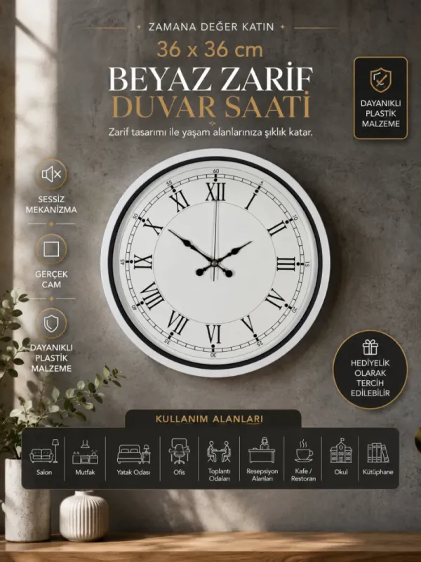 Roma Rakamlı Beyaz Plastik Duvar Saati 36 cm · Model PP-3655W
