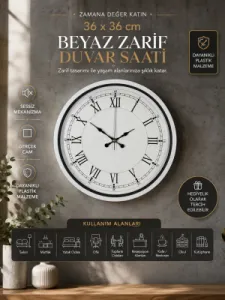 Roma Rakamlı Beyaz Plastik Duvar Saati 36 cm · Model PP-3655W