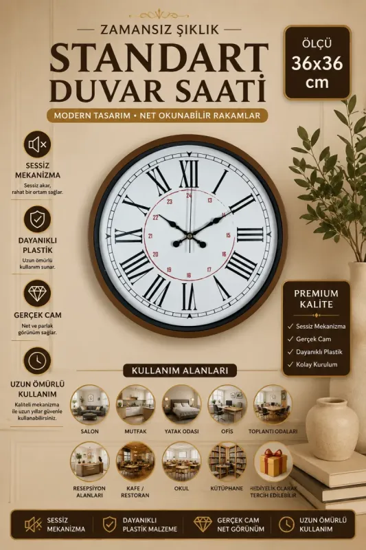Roma Rakamlı Kahverengi Plastik Duvar Saati 36 cm · Model PP-3652I