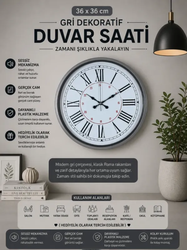 Gri Plastik Duvar Saati 36 cm · Model PP-3652K