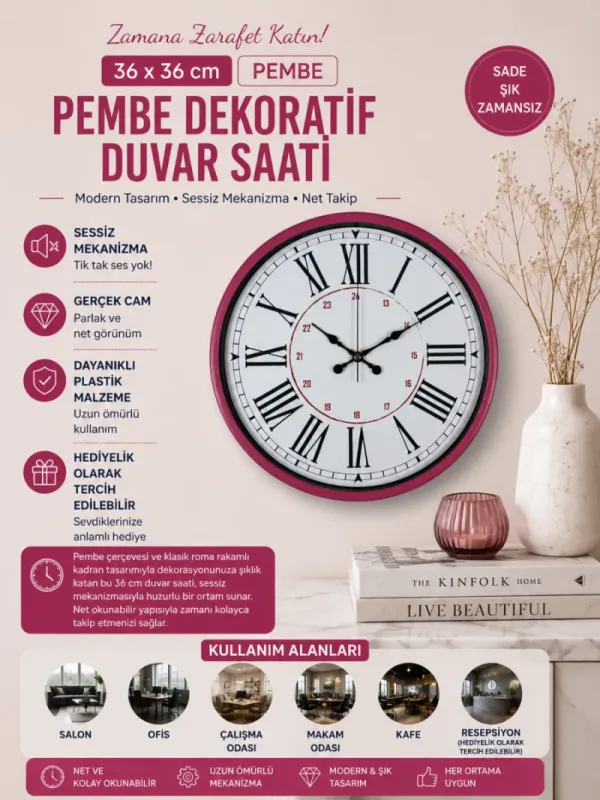Pembe Plastik Duvar Saati 36 cm · Model PP-3652P