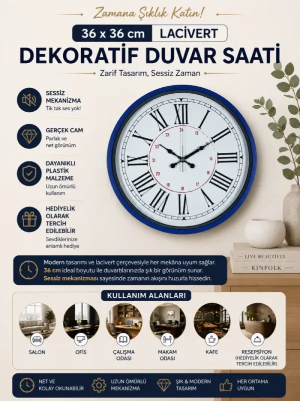 Lacivert Plastik Duvar Saati 36 cm · Model PP-3652V