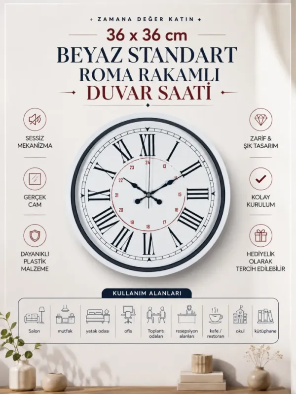 Roma Rakamlı Beyaz Plastik Duvar Saati 36 cm · Model PP-3652W