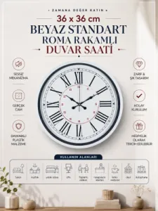 Roma Rakamlı Beyaz Plastik Duvar Saati 36 cm · Model PP-3652W