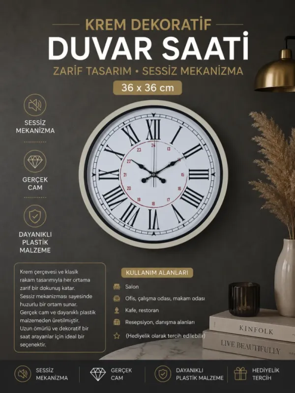 Krem Plastik Duvar Saati 36 cm · Model PP-3652X