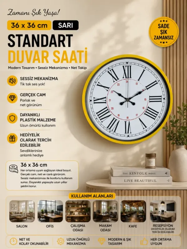 Roma Rakamlı Sarı Plastik Duvar Saati 36 cm · Model PP-3652Y