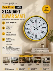 Roma Rakamlı Sarı Plastik Duvar Saati 36 cm · Model PP-3652Y