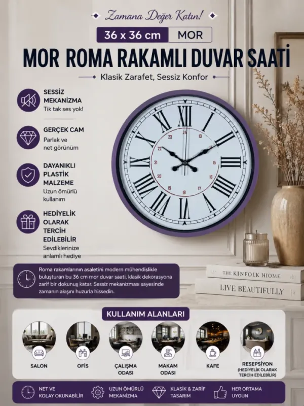 Roma Rakamlı Mor Plastik Duvar Saati 36 cm · Model PP-3652Z
