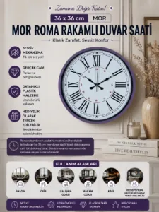 Roma Rakamlı Mor Plastik Duvar Saati 36 cm · Model PP-3652Z