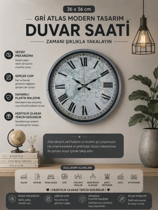 Gri Plastik Duvar Saati 36 cm · Model PP-3657K