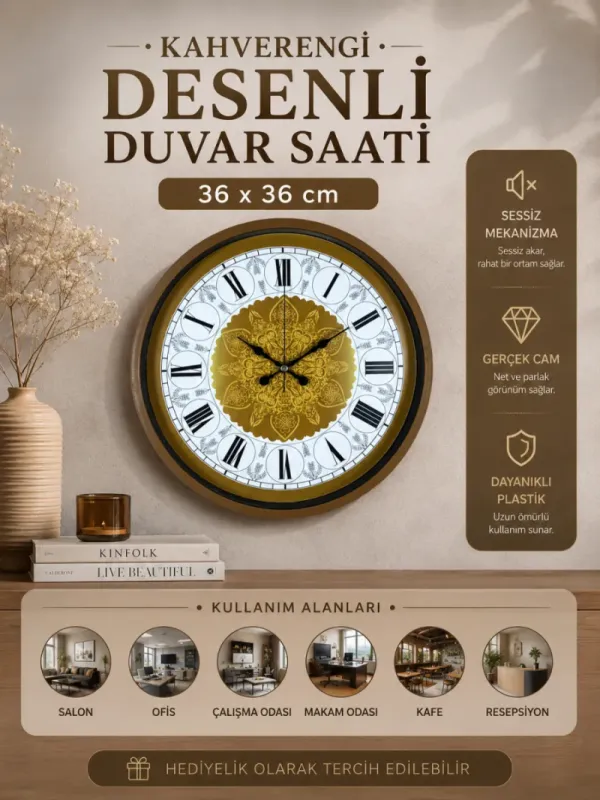 Desenli Kahverengi Plastik Duvar Saati 36 cm · Model PP-3676I