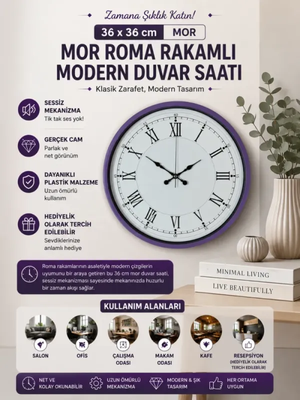 Roma Rakamlı Mor Plastik Duvar Saati 36 cm · Model PP-3655Z