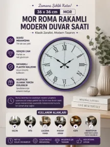 Roma Rakamlı Mor Plastik Duvar Saati 36 cm · Model PP-3655Z