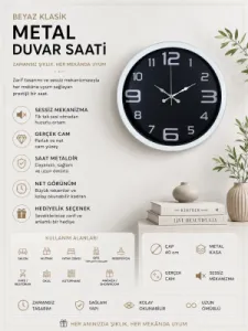 Beyaz Metal Duvar Saati 40 cm · Model 4009W