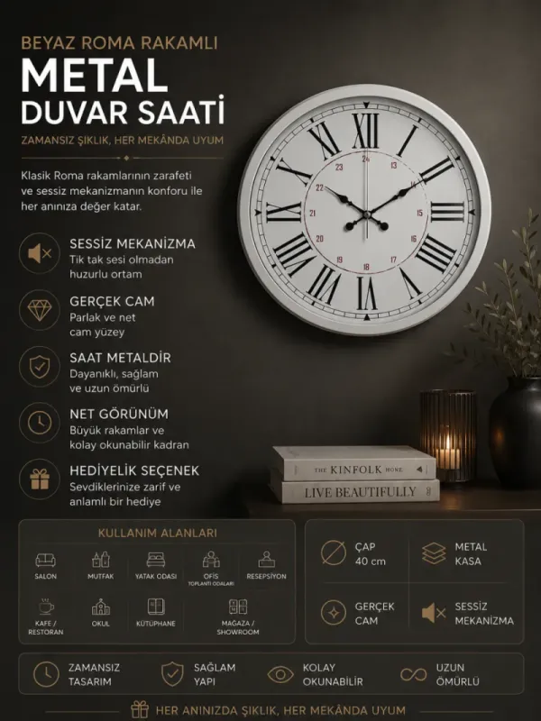 Roma Rakamlı Beyaz Metal Duvar Saati 40 cm · Model 4052W