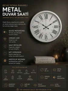 Roma Rakamlı Beyaz Metal Duvar Saati 40 cm · Model 4052W