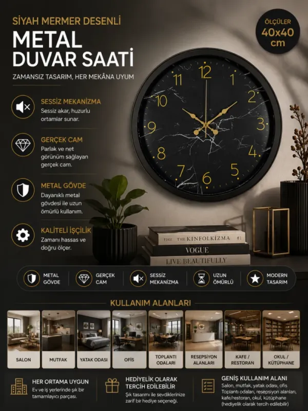 Desenli Siyah Metal Duvar Saati 40 cm · Model 4011B
