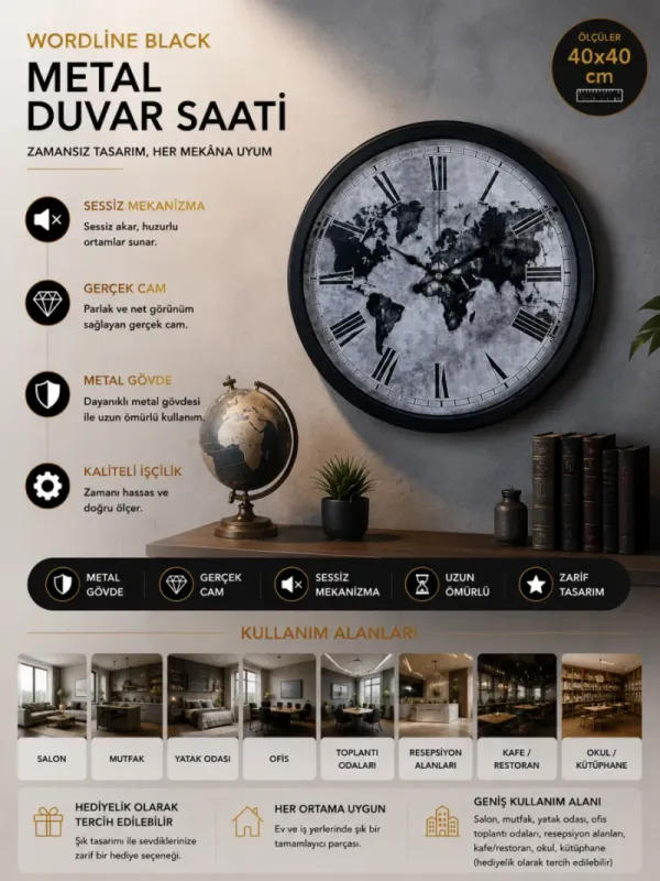 Siyah Metal Duvar Saati 40 cm · Model 4064B