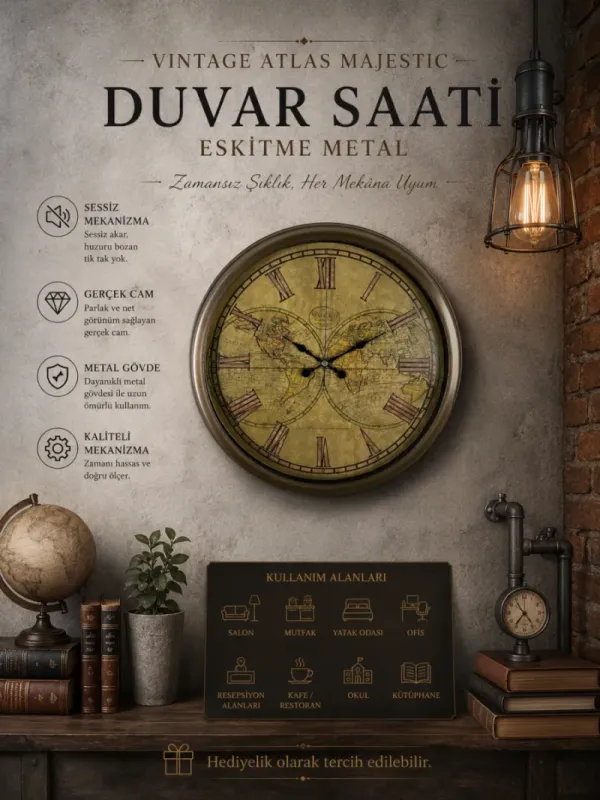 Retro Görünümlü Eskitme Metal Duvar Saati 40 cm · Model 4066E