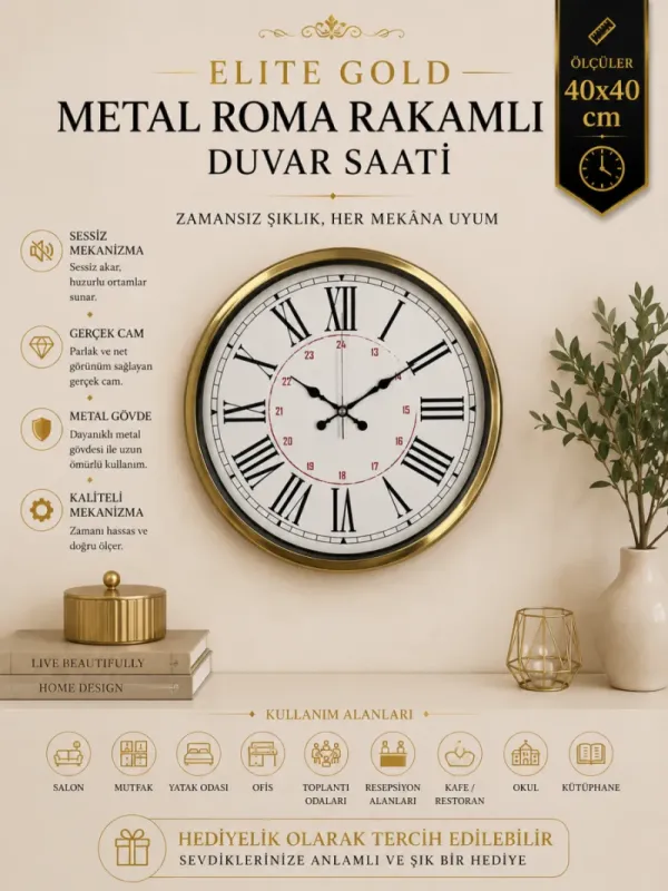 Roma Rakamlı Gold Metal Duvar Saati 40 cm · Model 4052G