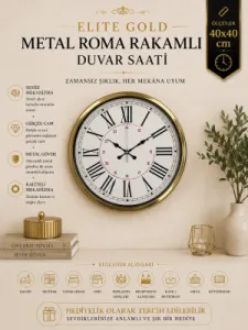 Roma Rakamlı Gold Metal Duvar Saati 40 cm · Model 4052G