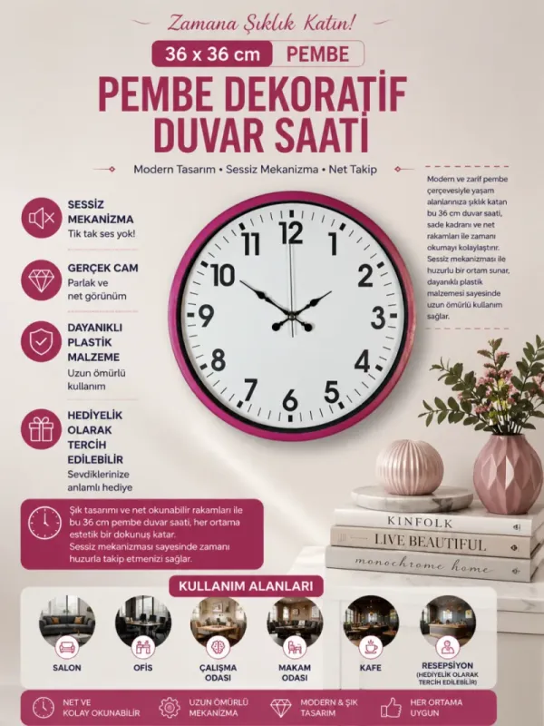 Pembe Plastik Duvar Saati 36 cm · Model PP-3601P