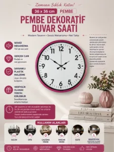 Pembe Plastik Duvar Saati 36 cm · Model PP-3601P