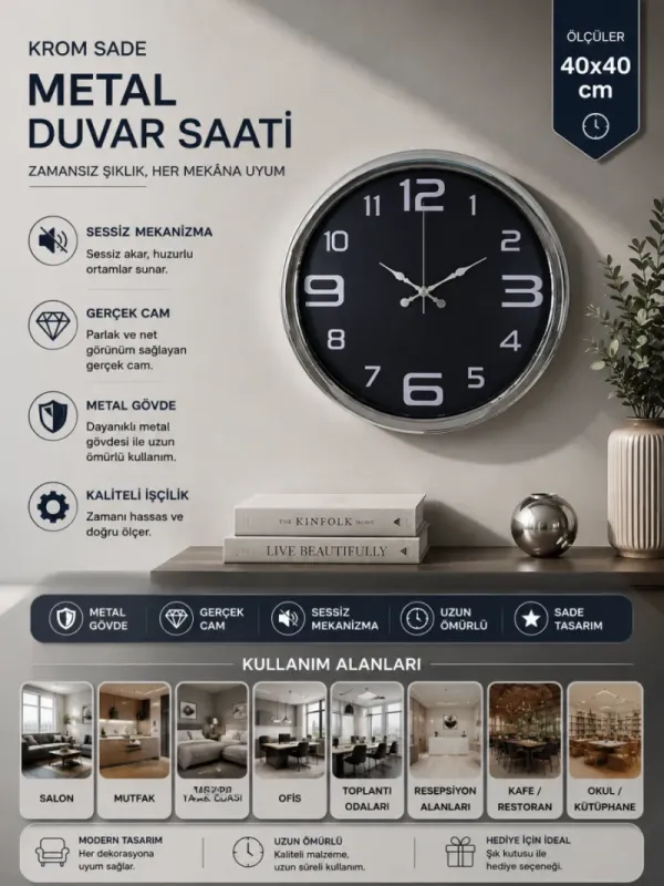 Krom Metal Duvar Saati 40 cm · Model 4009K