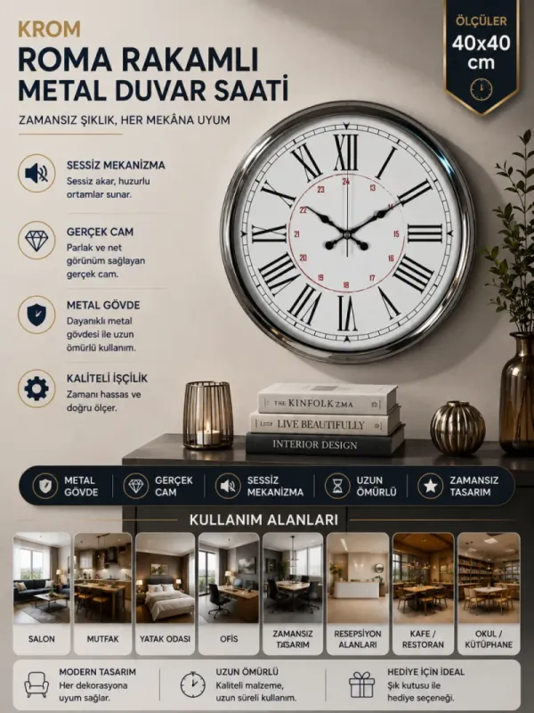 Krom Metal Duvar Saati 40 cm · Model 4052K