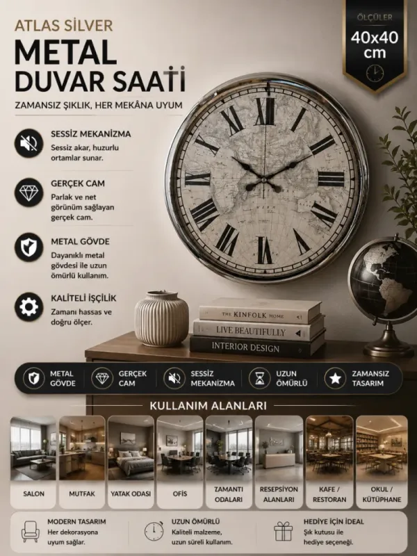 Krom Metal Duvar Saati 40 cm · Model 4057K