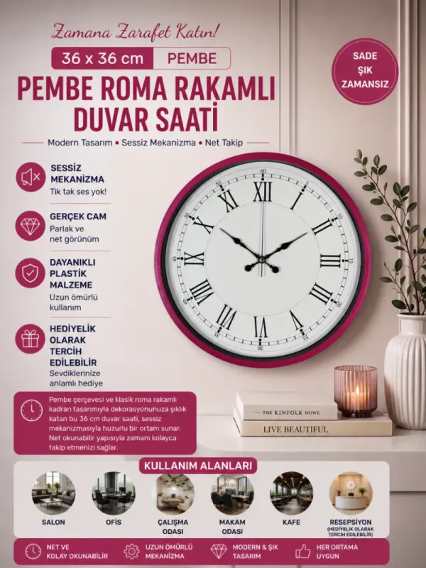 Roma Rakamlı Pembe Plastik Duvar Saati 36 cm · Model PP-3655P