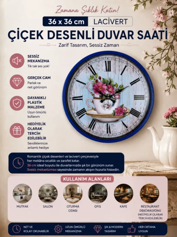 Desenli Lacivert Plastik Duvar Saati 36 cm · Model PP-3680V