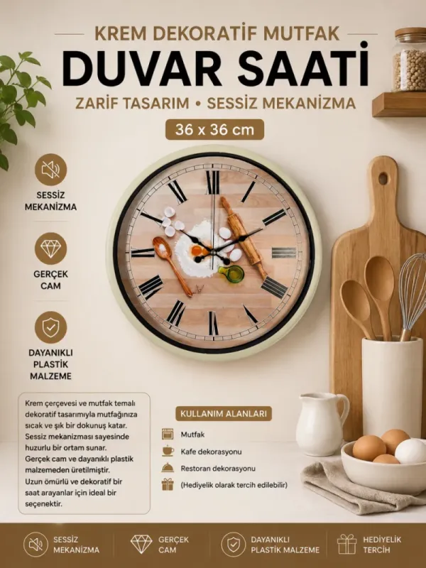 Krem Plastik Duvar Saati 36 cm · Model PP-3681X