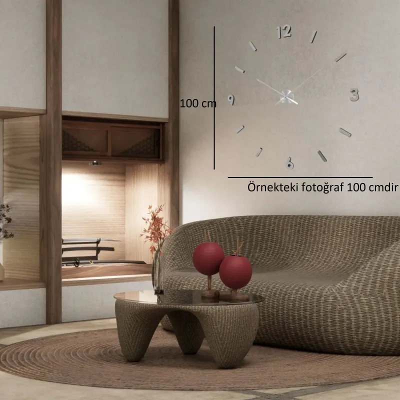 3D Yapıştırmalı Krom Pleksi Duvar Saati 100 cm · Model 4325
