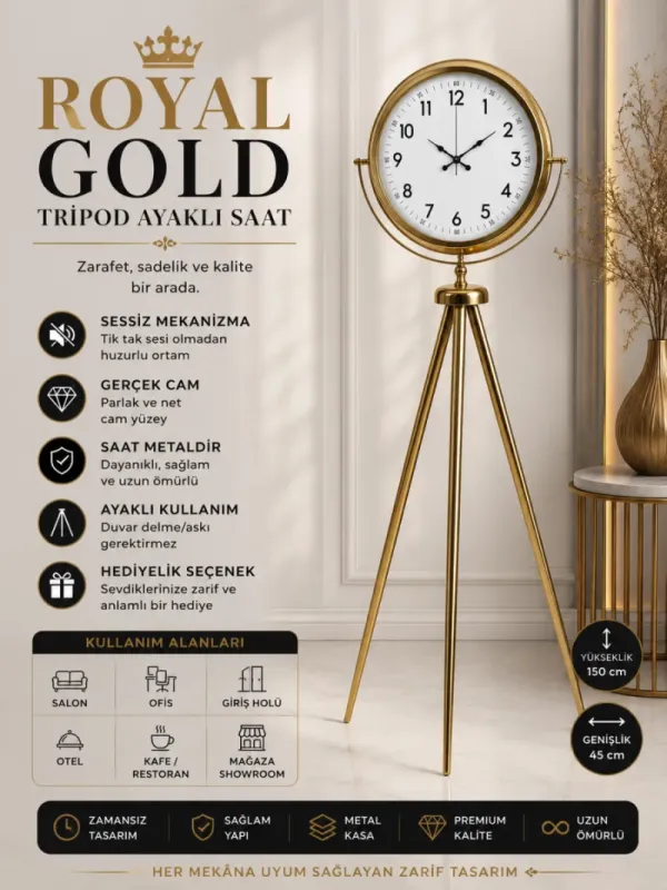 Gold Metal Ayaklı Tripod Saat 150 x 45 cm · Model AS-4005GG