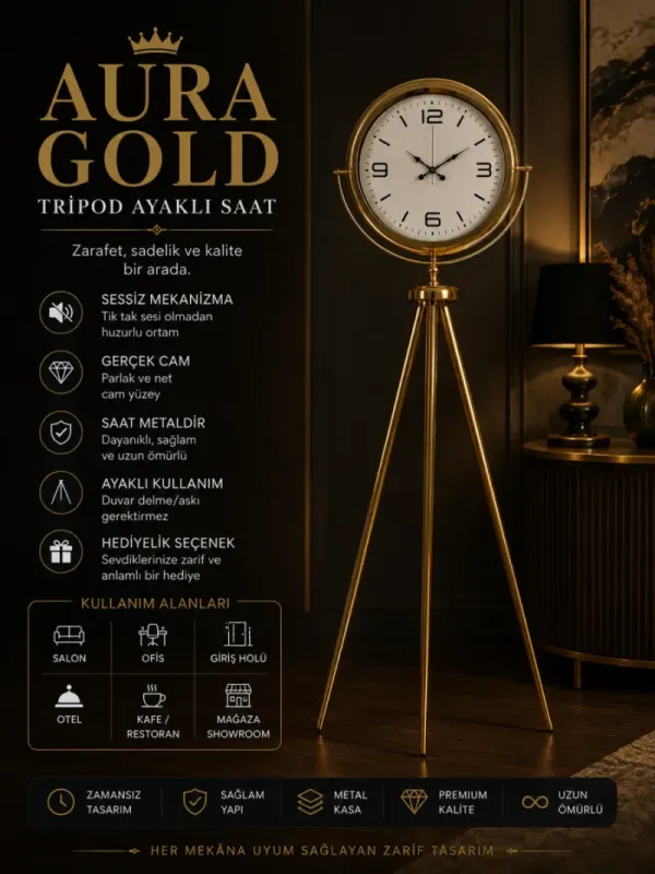 Gold Metal Ayaklı Tripod Saat 150 x 45 cm · Model AS-4008GG