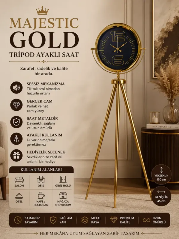 Gold Metal Ayaklı Tripod Saat 150 x 45 cm · Model AS-4012GG