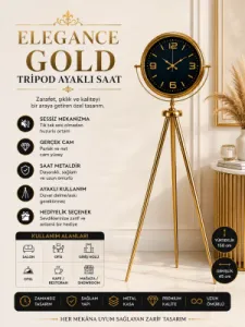 Gold Metal Ayaklı Tripod Saat 150 x 45 cm · Model AS-4044GG