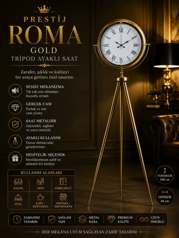 Roma Rakamlı Gold Metal Ayaklı Tripod Saat 150 x 45 cm · Model AS-4055GG