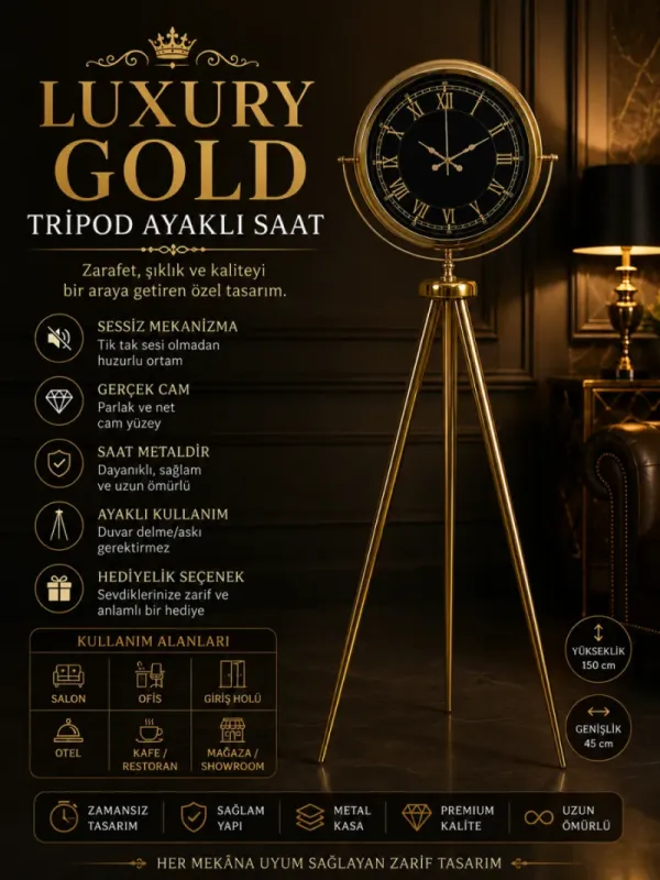 Gold Metal Ayaklı Tripod Saat 150 x 45 cm · Model AS-4072GG