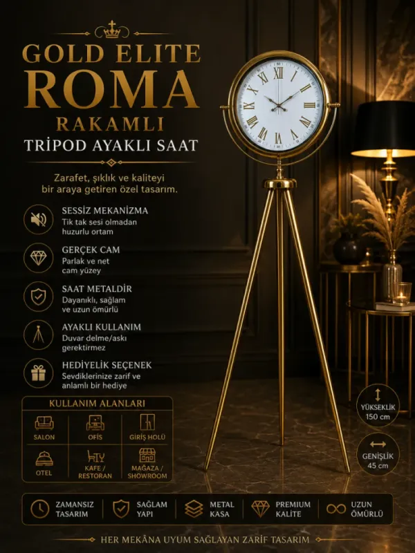 Roma Rakamlı Gold Metal Ayaklı Tripod Saat 150 x 45 cm · Model AS-4075GG