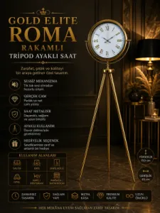 Roma Rakamlı Gold Metal Ayaklı Tripod Saat 150 x 45 cm · Model AS-4075GG