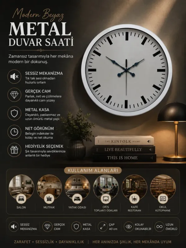 Beyaz Metal Duvar Saati 40 cm · Model 4098W