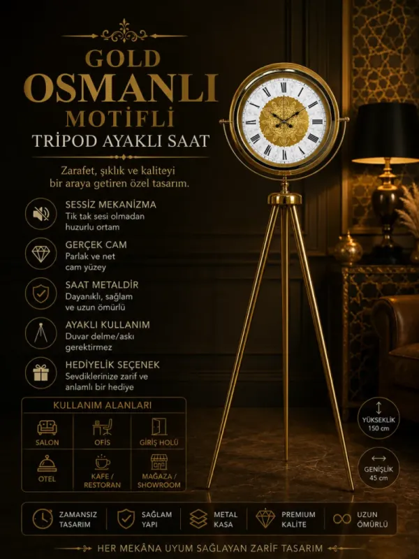 Gold Metal Ayaklı Tripod Saat 150 x 45 cm · Model AS-4076GG