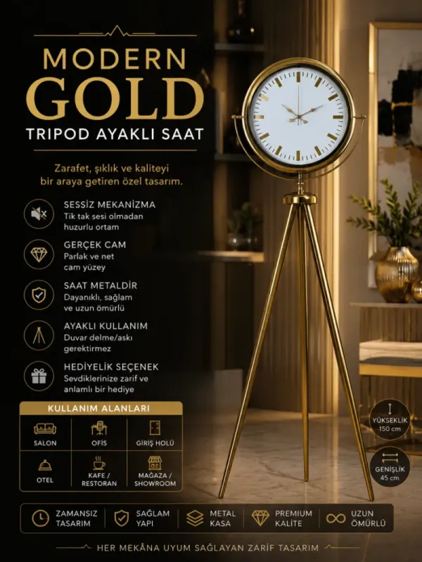 Gold Metal Ayaklı Tripod Saat 150 x 45 cm · Model AS-4086GG
