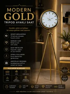 Gold Metal Ayaklı Tripod Saat 150 x 45 cm · Model AS-4086GG