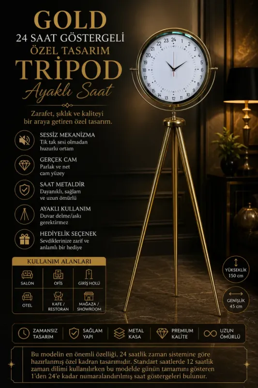 Göstergeli Gold Metal Ayaklı Tripod Saat 150 x 45 cm · Model AS-4097GG