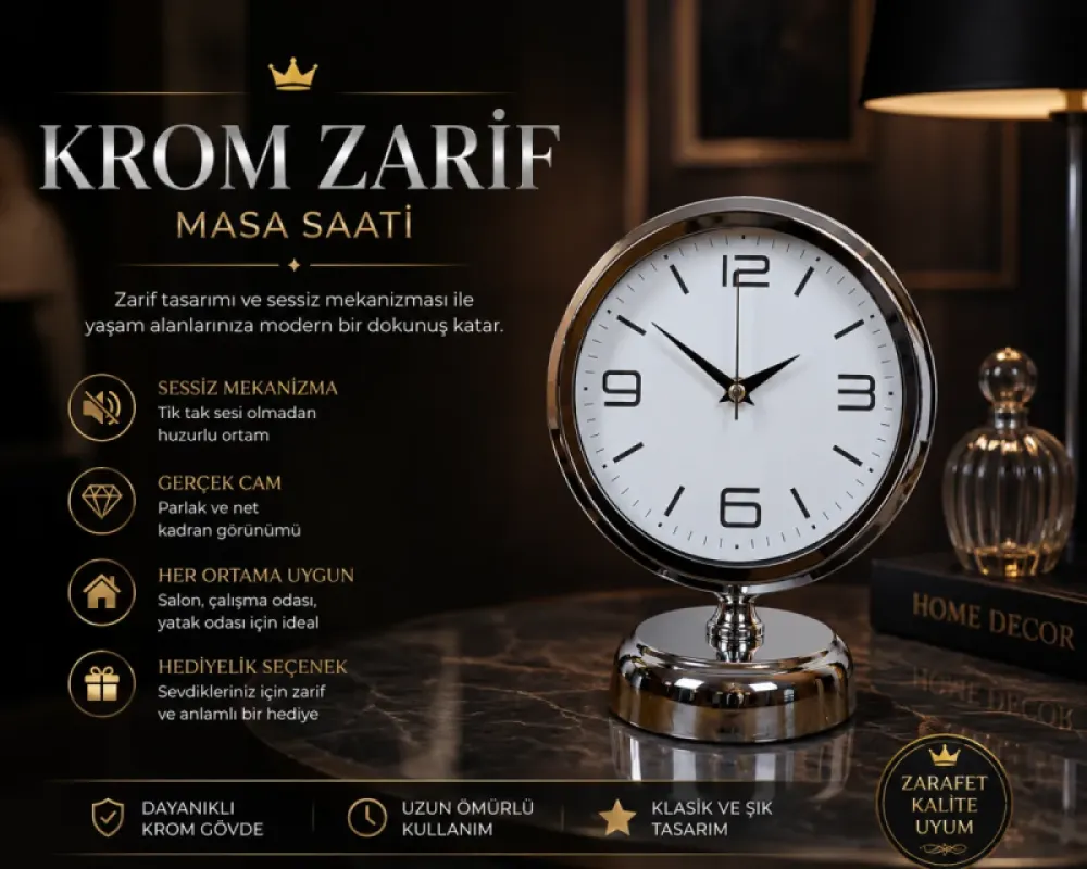 Krom Metal Masa Saati 25 x 20 cm · Model MS-2008K
