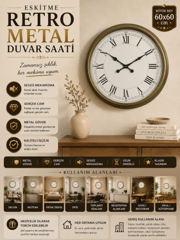Retro Görünümlü Eskitme Metal Duvar Saati 60 cm · Model 6055E