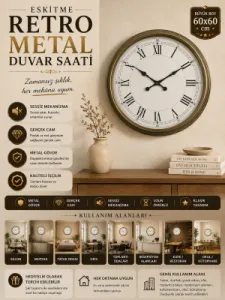 Retro Görünümlü Eskitme Metal Duvar Saati 60 cm · Model 6055E